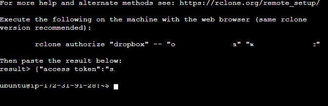 Figure 6: Providing the authorization code to rclone from Dropbox