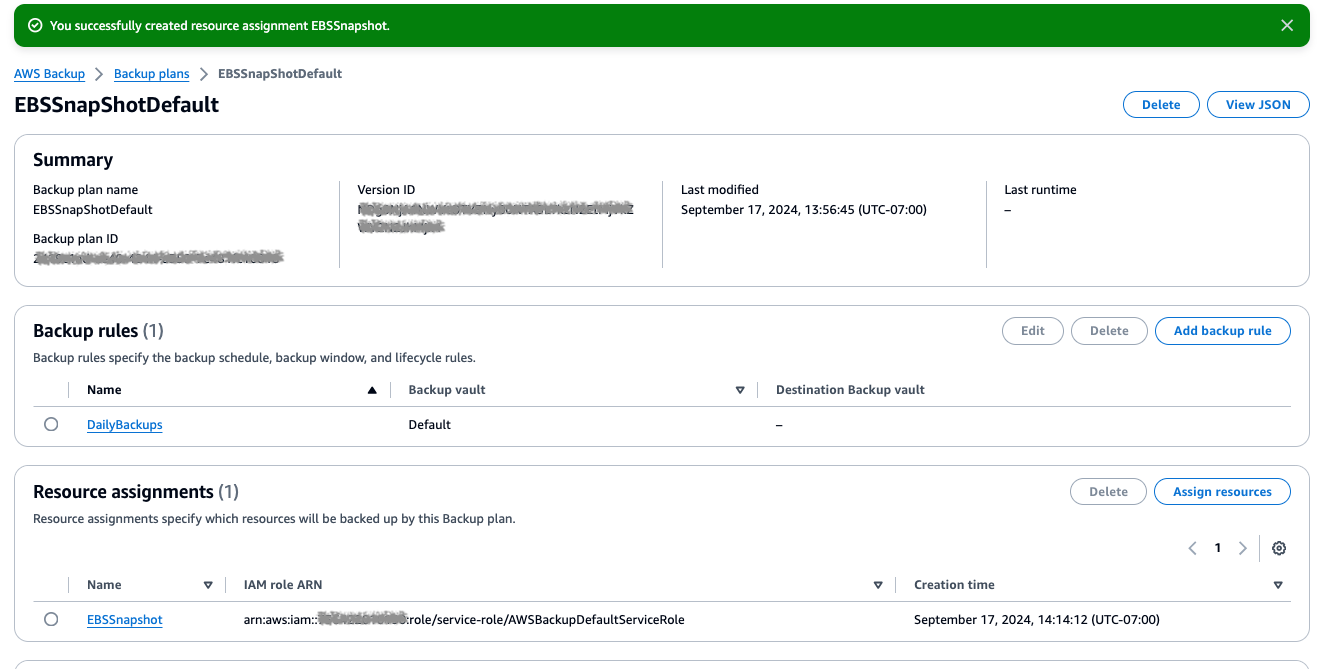 Figure 10: Summary of backup plan with Backup rules and Resource assignments