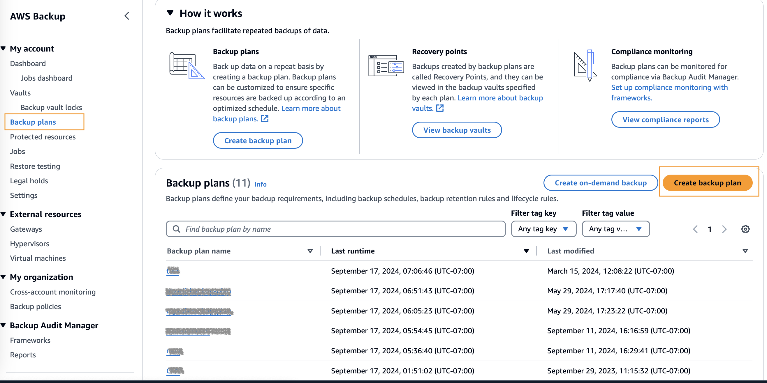 Figure 2: Go to the Backup plans tab from the left hand side of AWS Backup console
