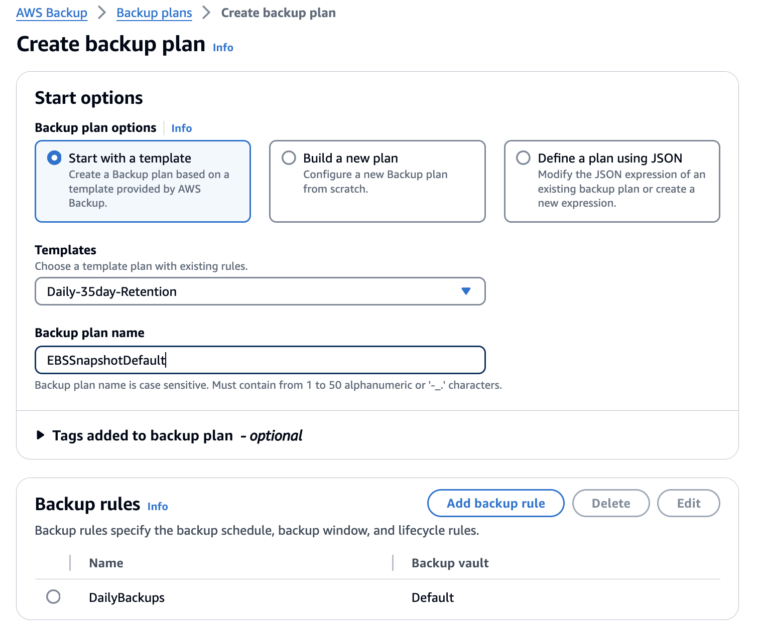 Figure 4: Select the Daily-35day-Retention template and specify a name for your Backup plan