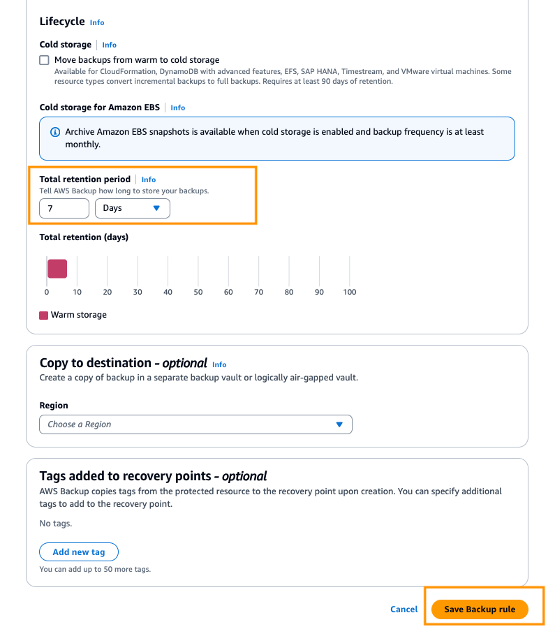 Figure 5: Change the Total retention period from the default 35 days to 7 days