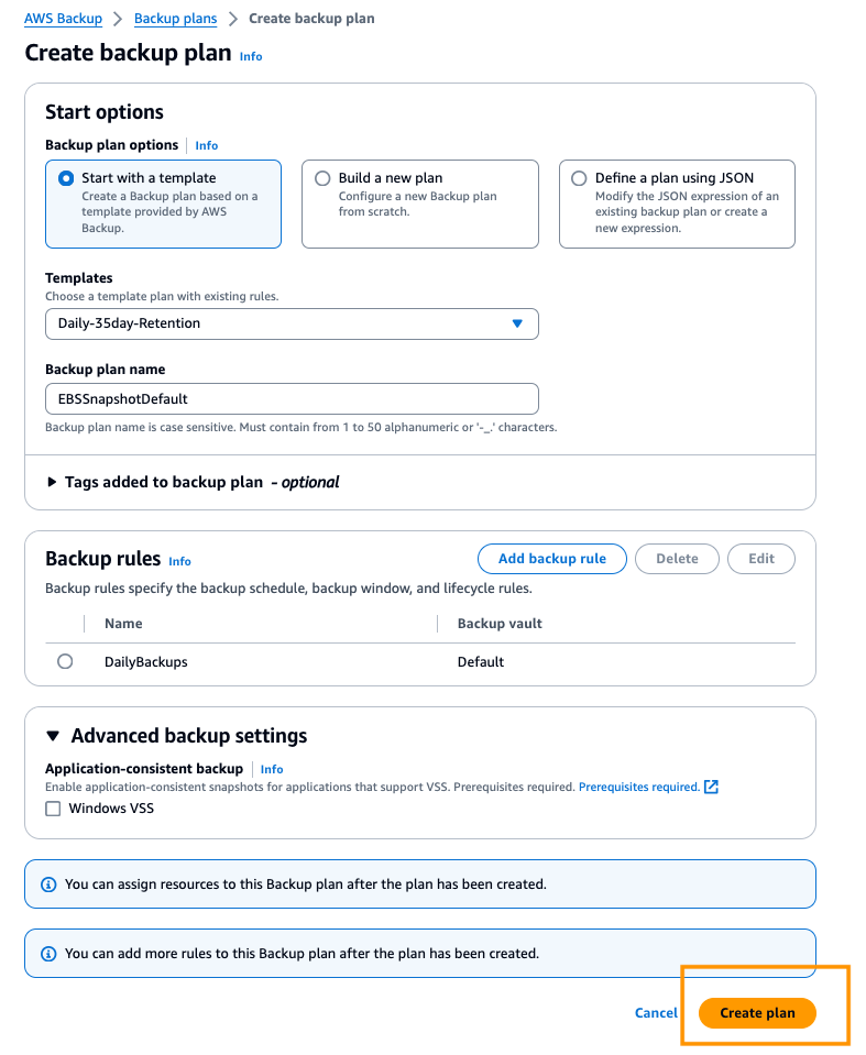 Figure 6: Summary of your backup plan. Select Create plan