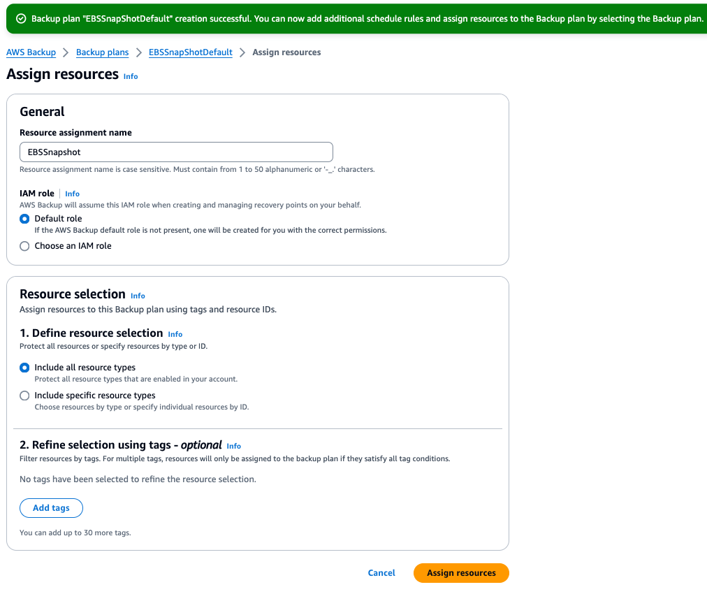Figure 7: Assign resources workflow as part of creating your backup plan