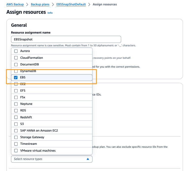 Figure 8: Select EBS from the list of supported services