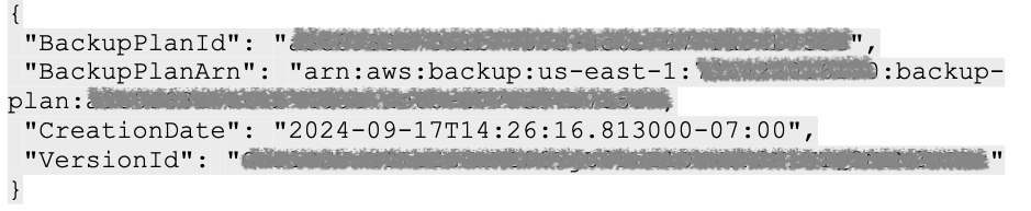 CLI result with backup-plan-id of the plan created