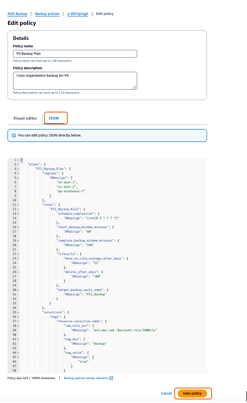 Figure 1.3 Presenting a backup policy in JSON format