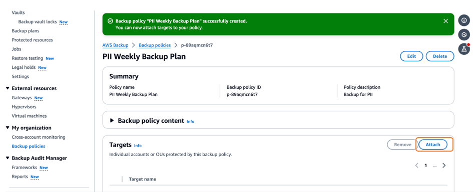 Figure 1.4 Showing the created backup policy with no accounts or OU targets selected yet
