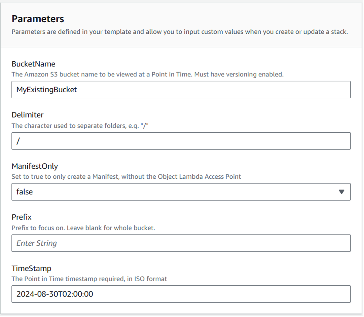 Screenshot of CloudFormation template parameters