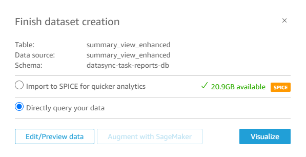 QuickSight dataset configuration with query your data selected