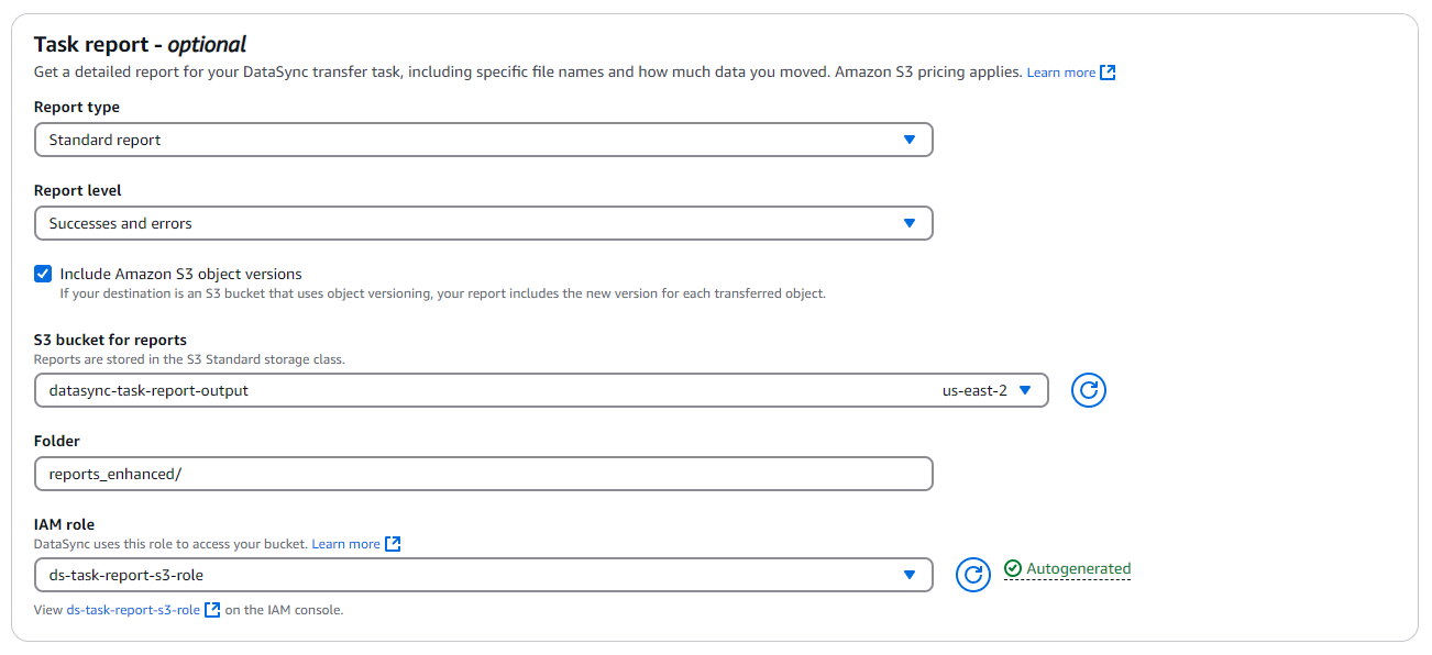 Task reports configuration during the creation of DataSync Enhanced mode task