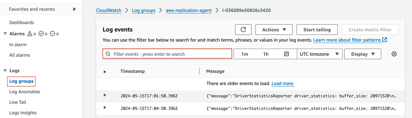 Figure 4: CloudWatch log stream for an Elastic Disaster Recovery source server.