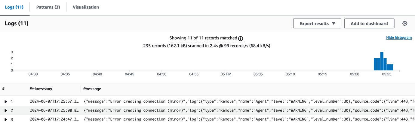 Figure 7 Log Insights query output shows log messages with errors