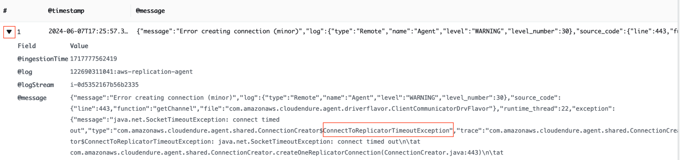 Figure 8 Log record shows agent is unable connect to replication server
