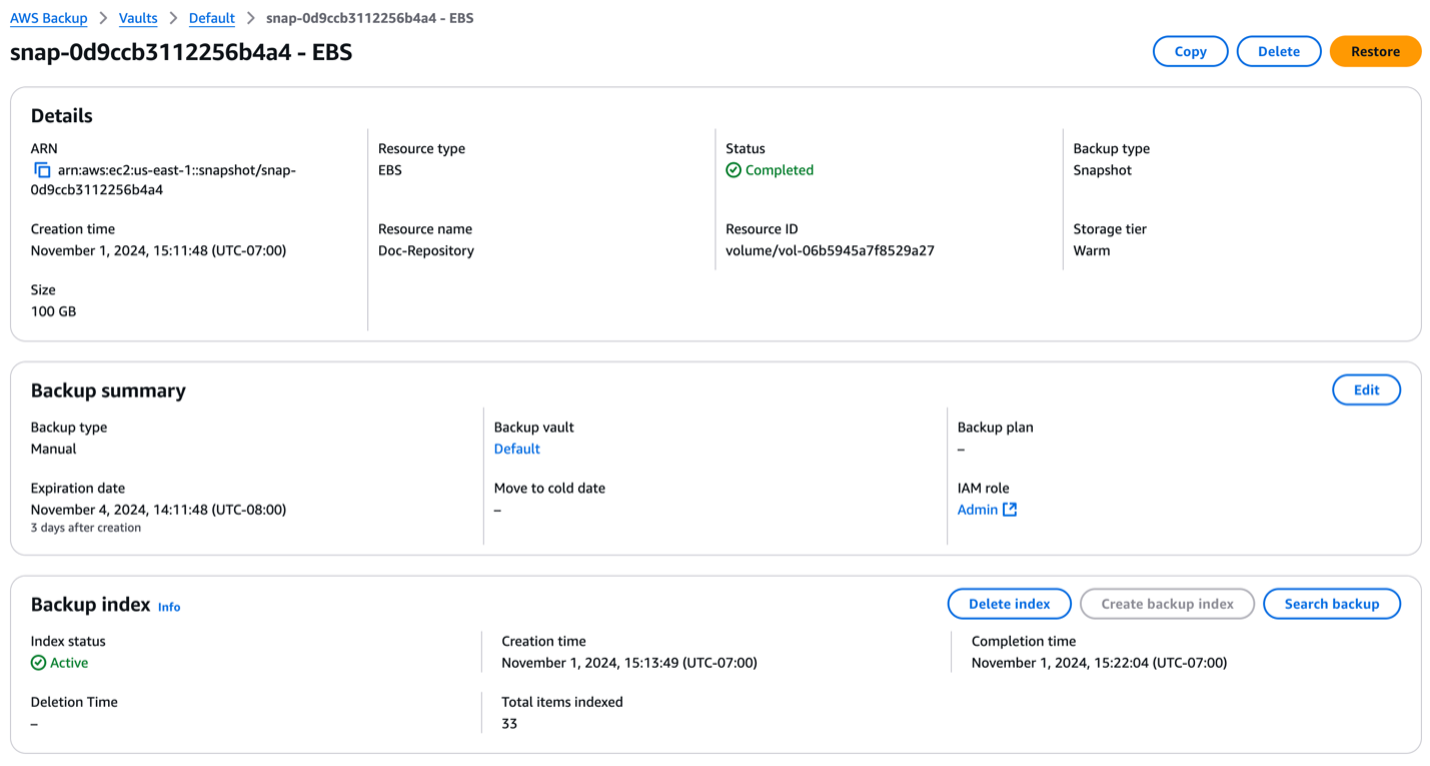 Figure 2. Create backup index for exiting recovery point