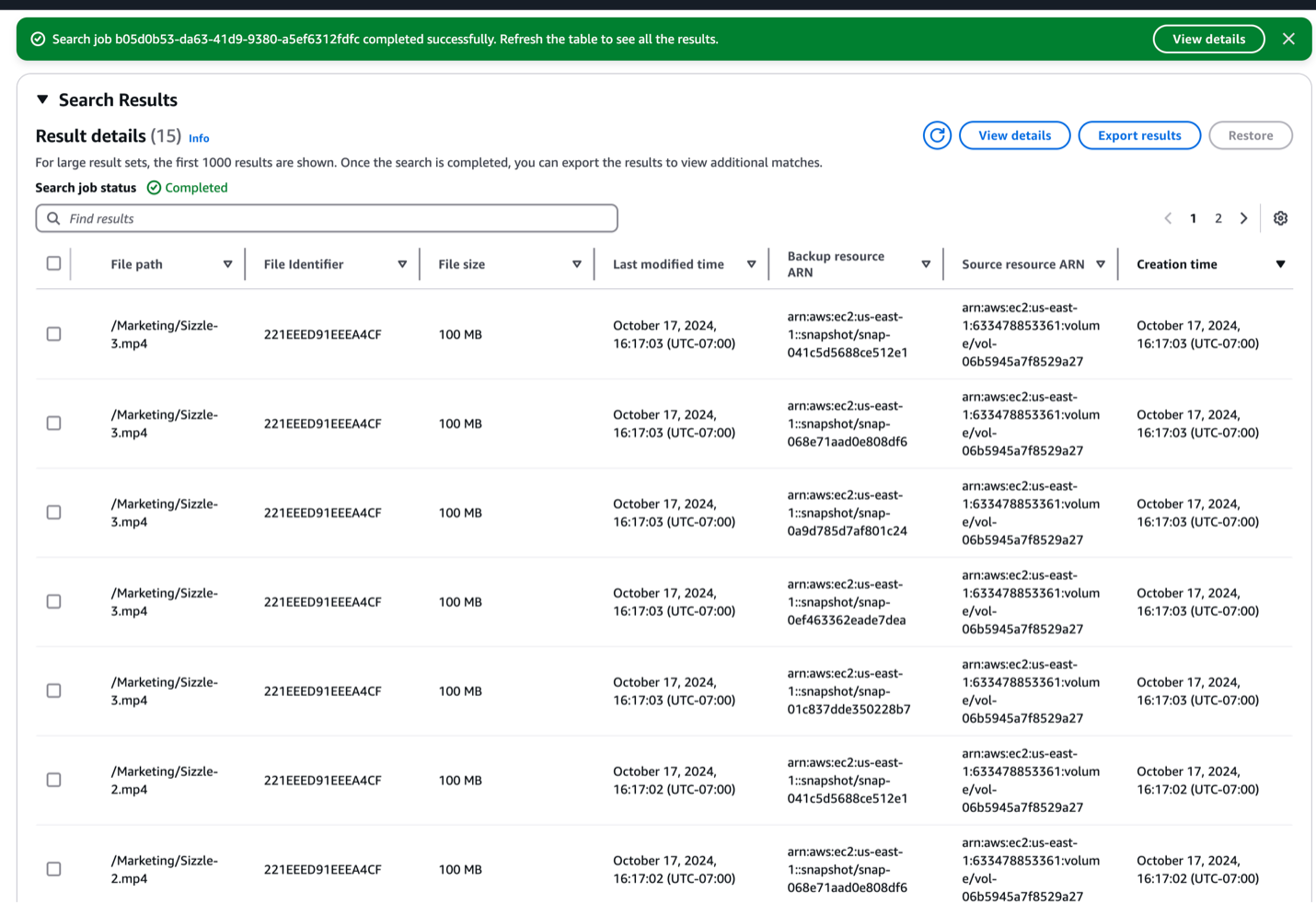 Figure 5. Search job results