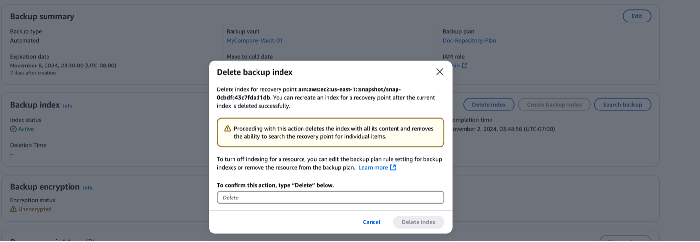 Figure 9. Delete backup index