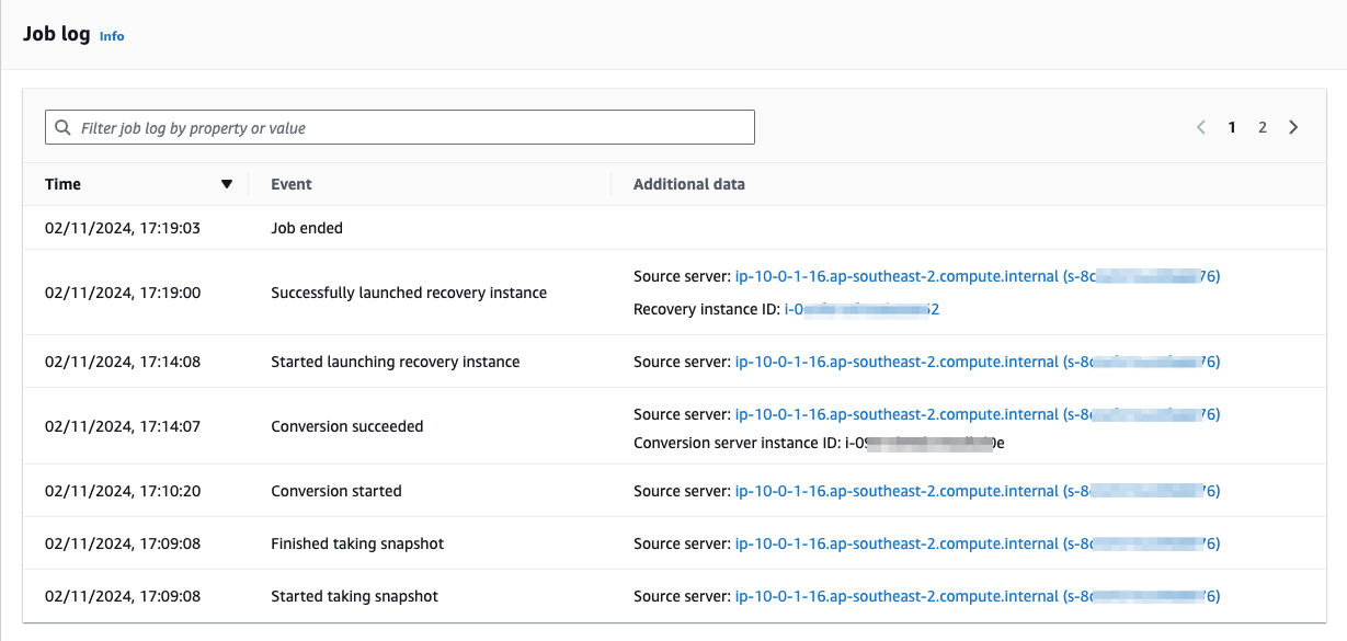 Figure 10: Recovery job history in the Elastic Disaster Recovery console