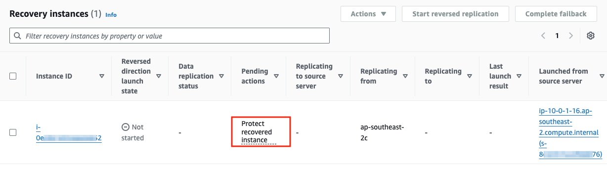Figure 13: Pending actions of 'Protect recovered instance' in the Elastic Disaster Recovery console