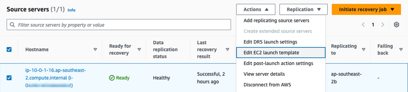 Figure 14: Drop down action to edit the EC2 launch template for the source server in the Elastic Disaster Recovery console