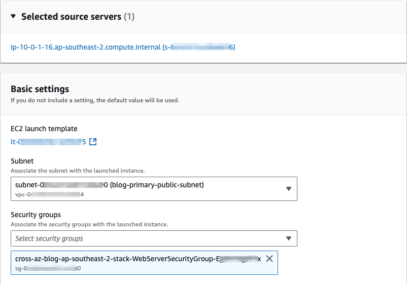 4. Update EC2 launch template for the source web server to launch a recovery instance in the ‘blog-primary-public-subnet’, instead of the current ‘blog-recovery-public-subnet’, as shown in the following figure. Furthermore, set the Security groups to the security group created as part of the CloudFormation deployment. Choose Update template to save changes.