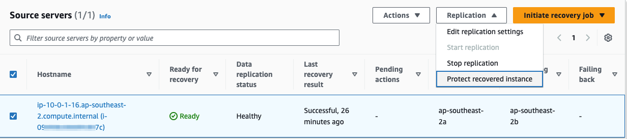 5. Once the EC2 launch template is updated, go back to the Recovery instances tab and choose the recovered web server. Choose Protect recovered instance from the Replication drop down to enable protection, as shown in the following figure.