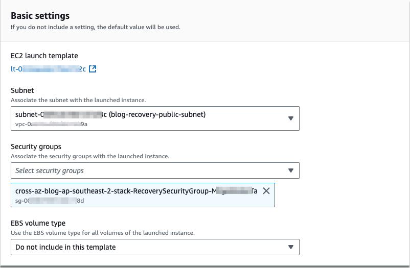 Figure 5: Launch template configuration for Elastic Disaster Recovery