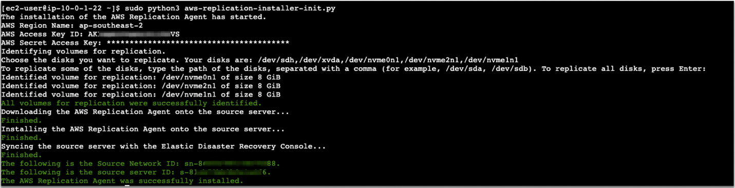Figure 6: Command line output for the AWS Replication Agent installation on the web server application
