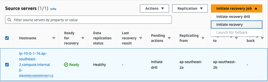 Figure 8: Initiation of a recovery in the Elastic Disaster Recovery console