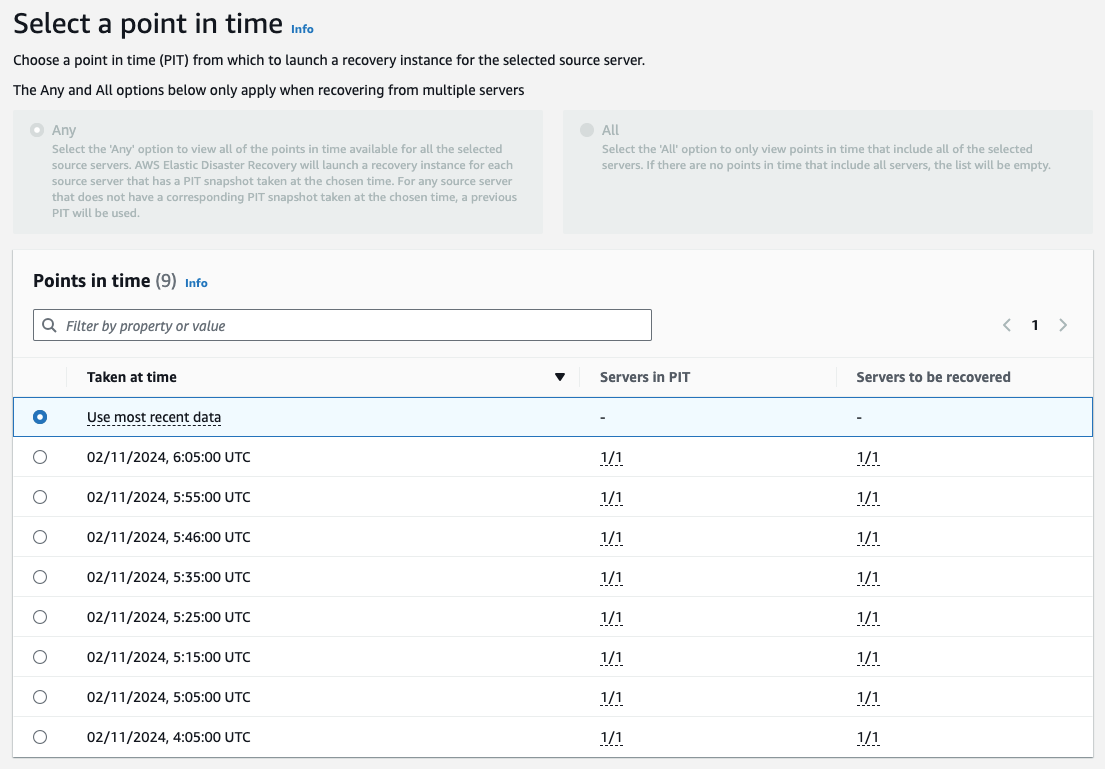 Figure 9: Choose a point in time from which to initiate the recovery job 