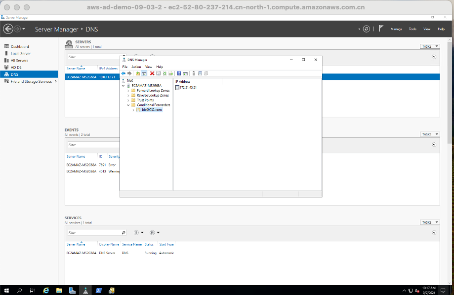 Figure 4: Configuration of conditional forwarders in the AWS environment