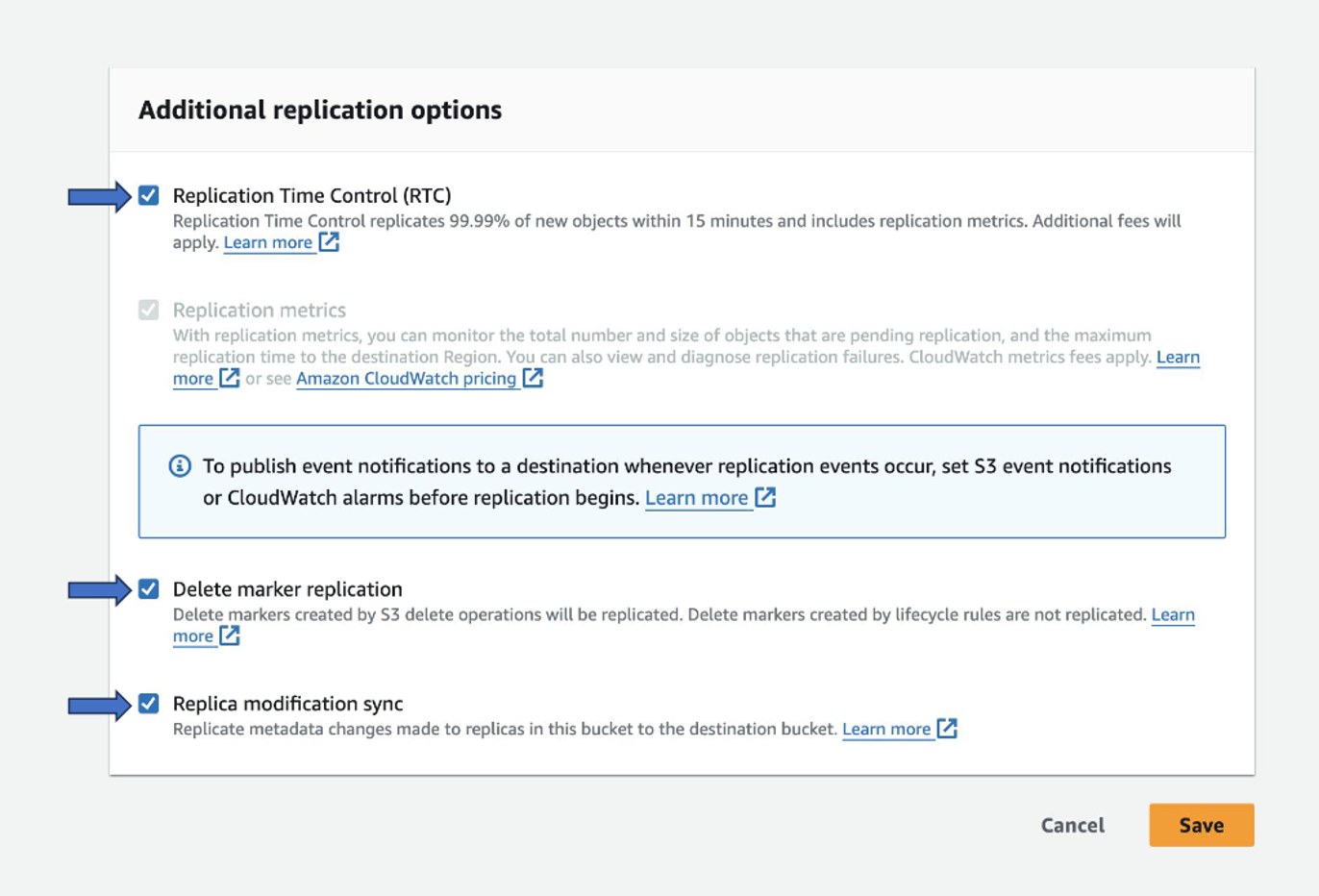 Figure 2- Enabling S3 Replication in the source bucket with options that replicate the delete marker and metadata changes