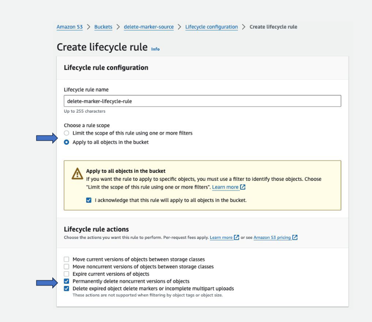 Figure 3.1- Enabling S3 Lifecycle configuration across all objects inside the bucket