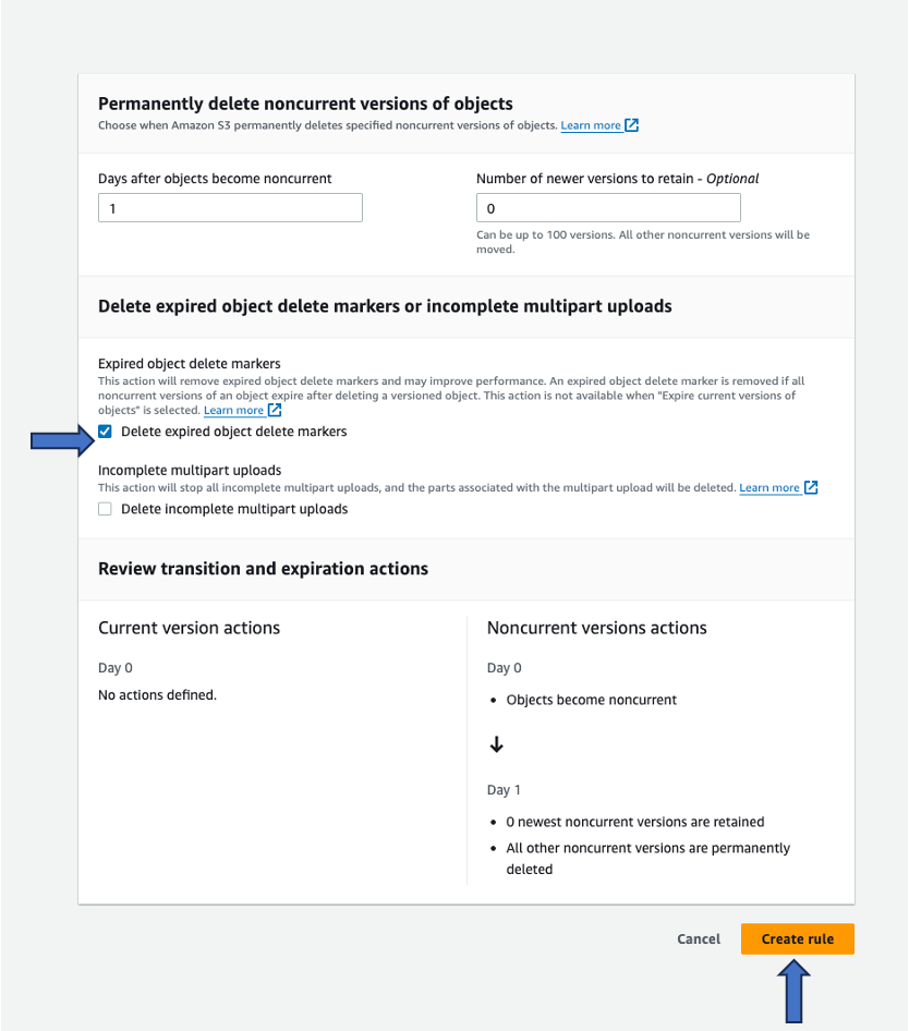 Figure 3.2- Selecting options to delete expired delete markers and creating the rule