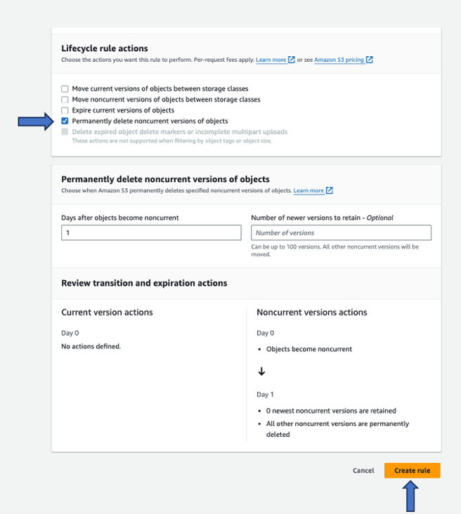 Figure 4.1.2- Selection options to remove non-current versions of objects and create the rule