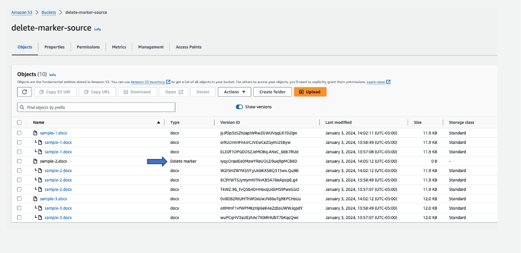 Figure 5.4- Source bucket with the list of objects and their versions and delete marker