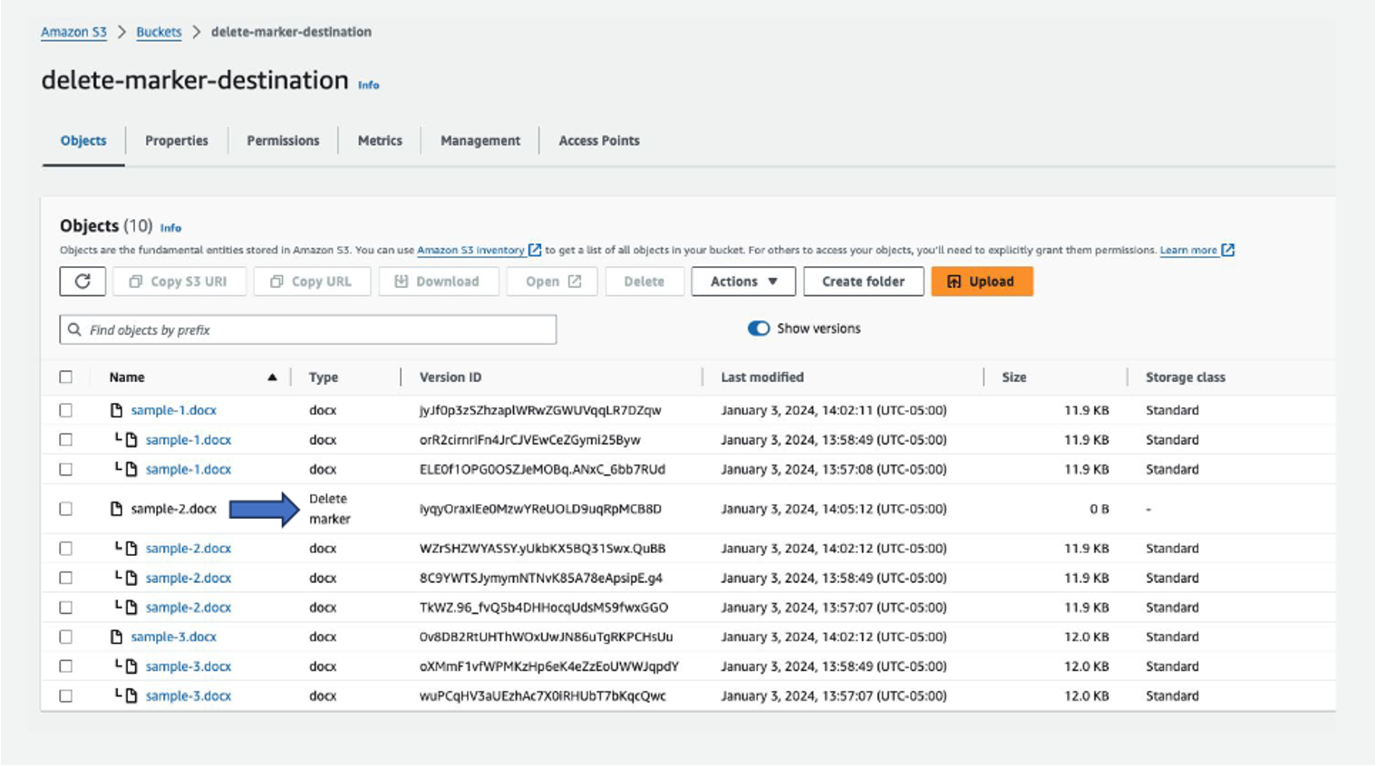 Figure 5.5- Target bucket with the replicated objects along with versions and delete marker from the source bucket