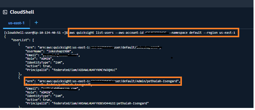 AWS CloudShell CLI output to capture the Amazon QuickSight user ARN