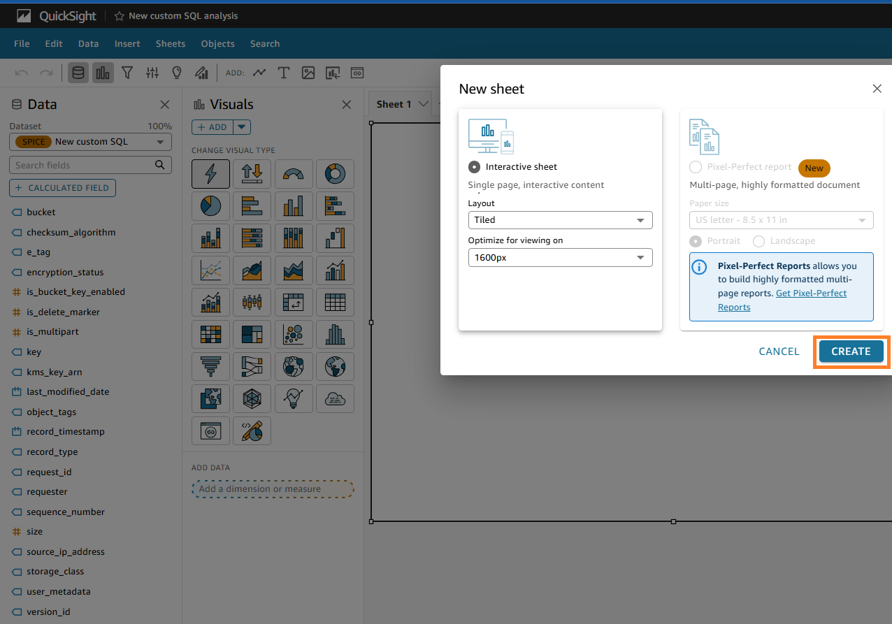 Selecting 'Create' to start work on the first Amazon QuickSight chart