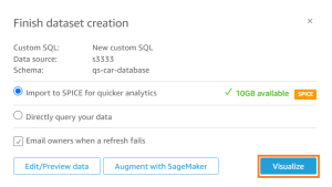 Selecting 'Visualize' to start creating the QuickSight dashboard