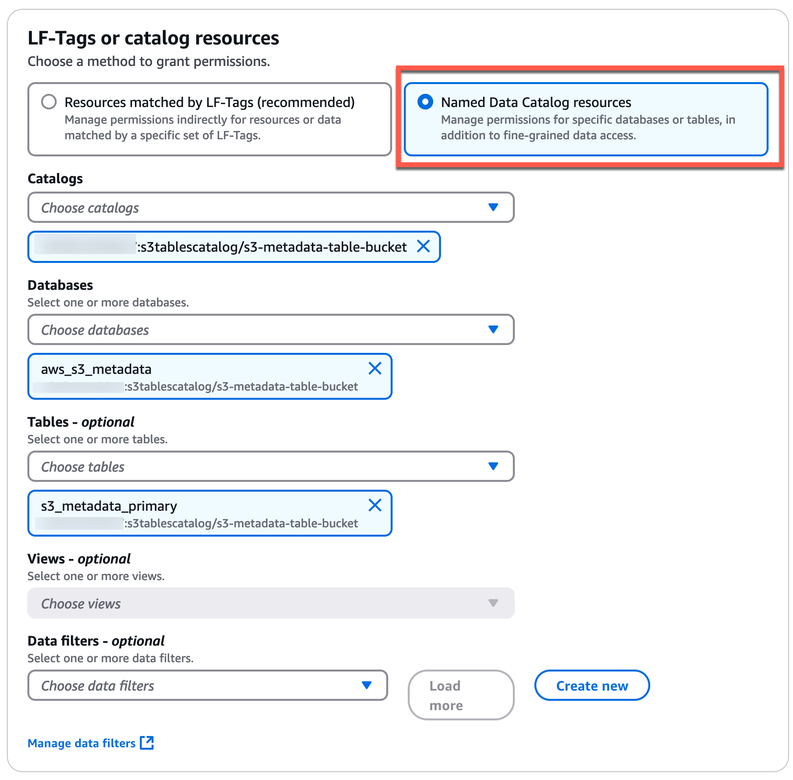 Select Named Data Catalog resources and choose the S3 Tables catalogs, databases, and tables
