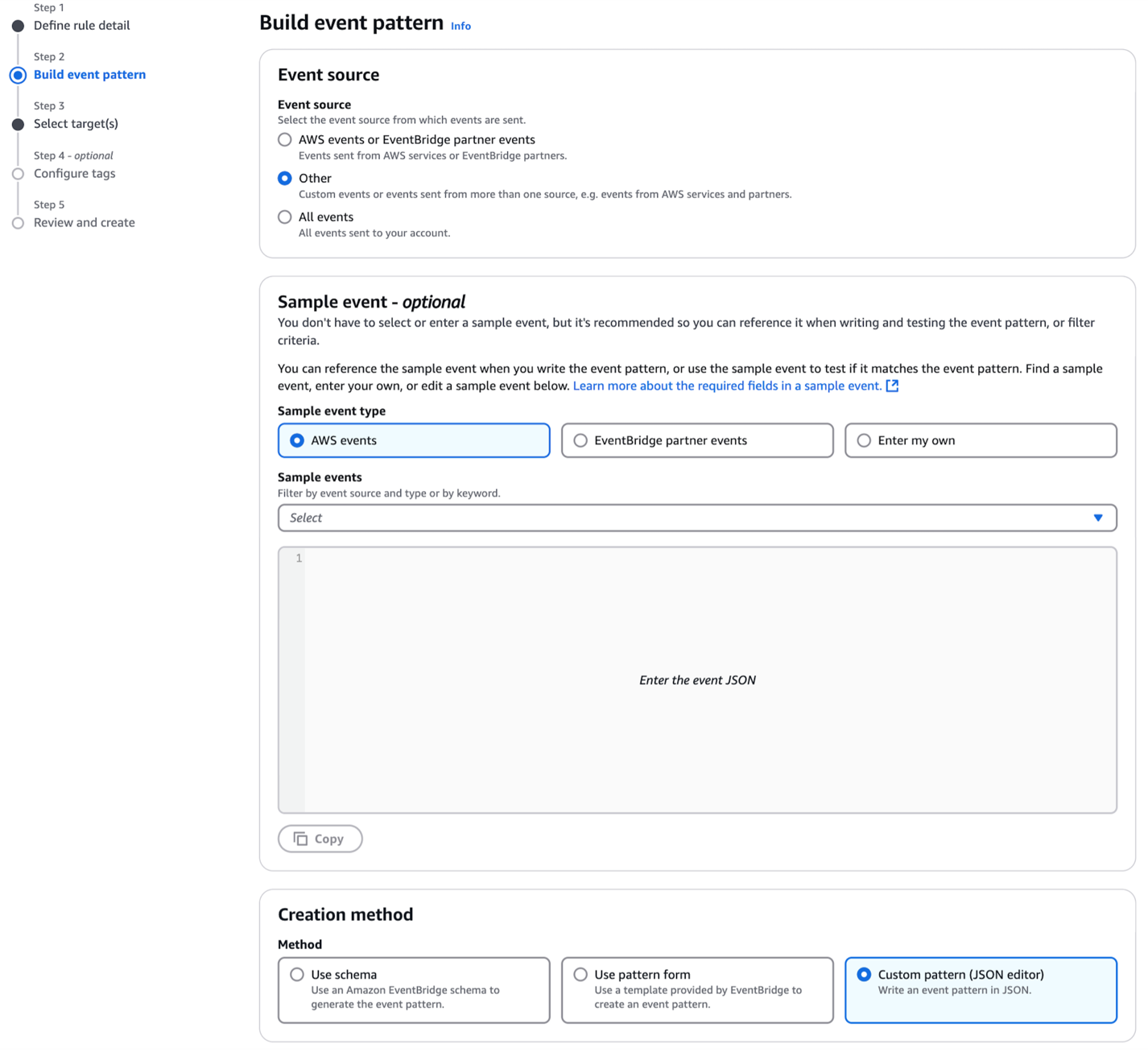 Figure 18: Choosing CloudWatch Event pattern and Creation method
