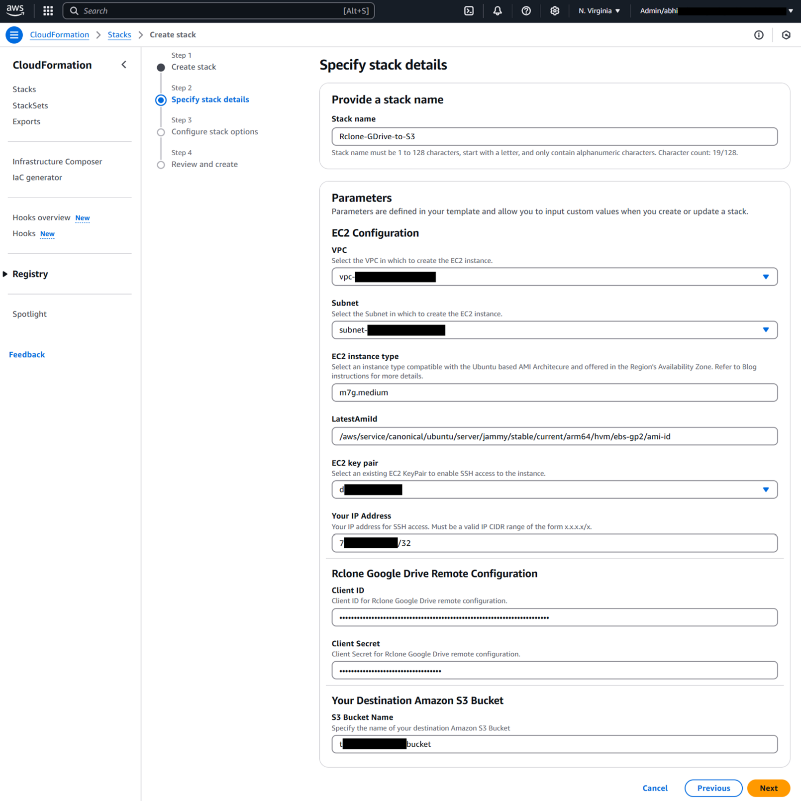 Figure 2 - CloudFormation stack configuration - Gdrive to S3