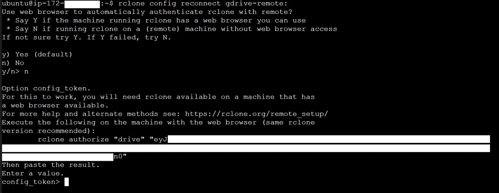 Figure 4 - Getting rclone config token from EC2 to use in a local machine that has a web browser (Gdrive to S3)