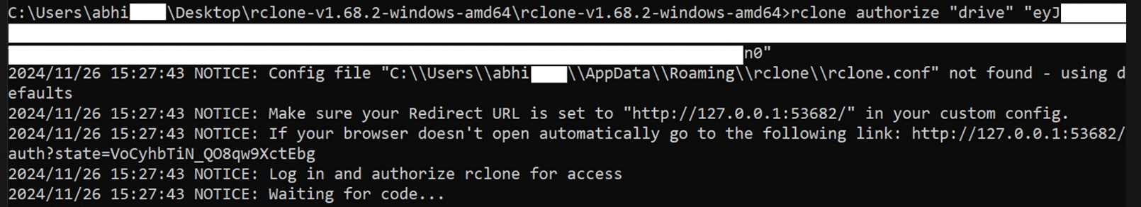 Figure 5 - Authorizing rclone to access Drive on a local system using the config token from EC2 (Gdrive to S3)