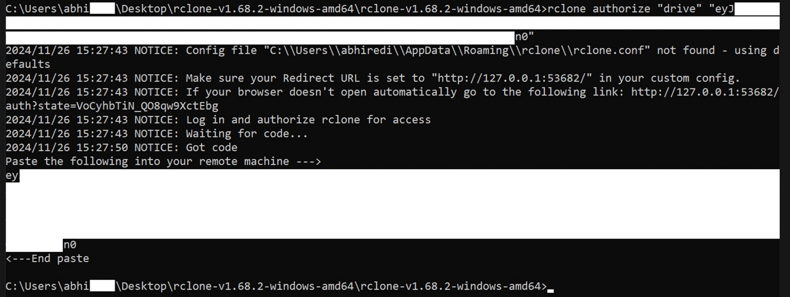 Figure 6 - Getting code from local system after authorizing rclone to access Drive on browser (Gdrive to S3)