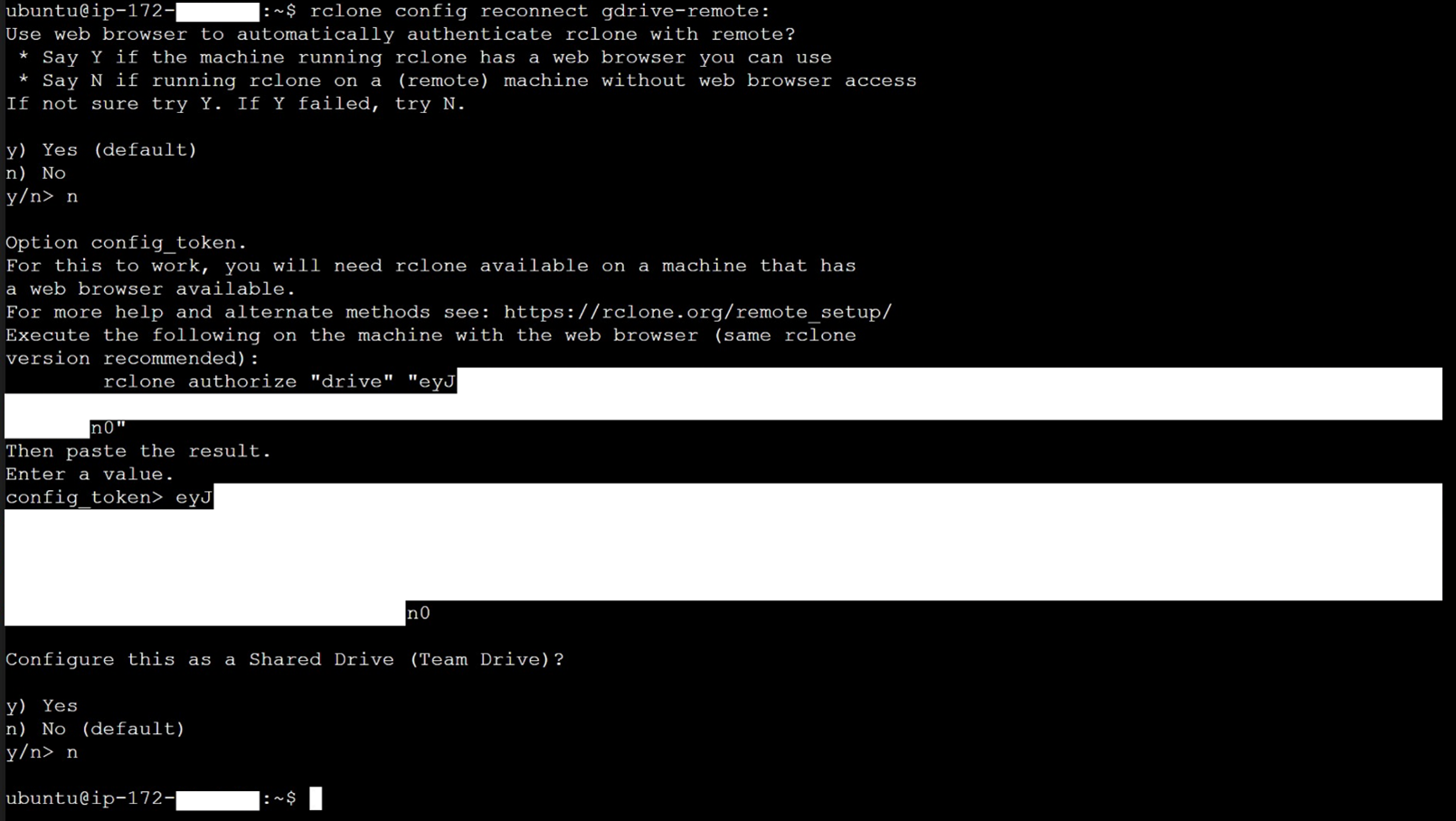 Figure 7 - Authorizing rclone on EC2 to complete Google Drive authorization (Gdrive to S3)