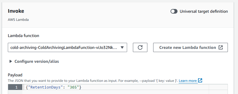 Figure 9 - Entering the Payload information to configure a retention