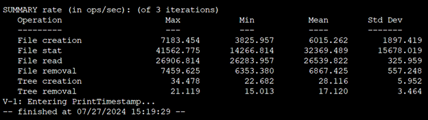 Figure 7: Example output of MDTest run