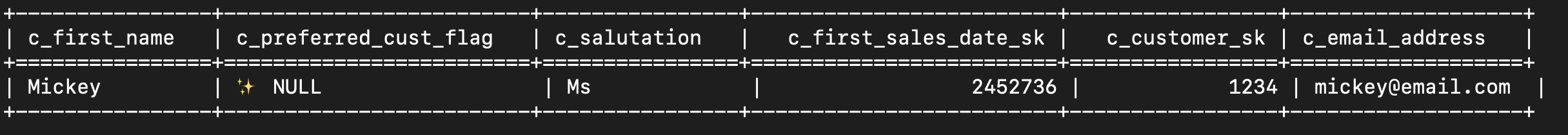 update the value of the “c_preferred_cust_flag” column and display the change