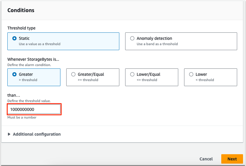 Figure 4: Specifying conditions for CloudWatch alarm